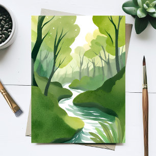 River of Green   Forest Watercolor Painting Postcard