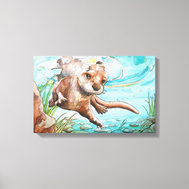 River Otter Watercolour Painting - Canvas Print (Front)