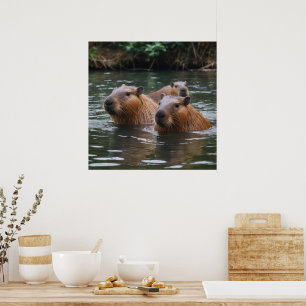 "River Serenity: Capybaras Swimming in the Flow" Poster