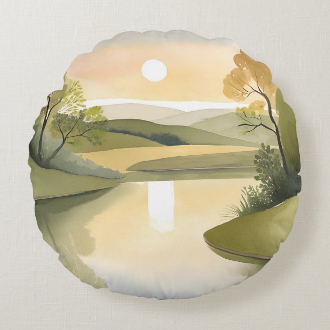 River Sunrise | Watercolor Yellow Round Pillow (Front)