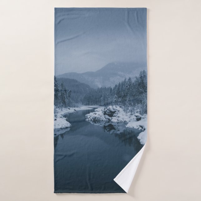 RIVER SURROUNDED BY SNOW COVERED FIELD WITH PINE T BATH TOWEL (Bath Towel)