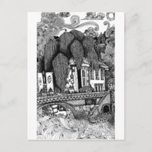 River Temple pen and ink illustration postcard