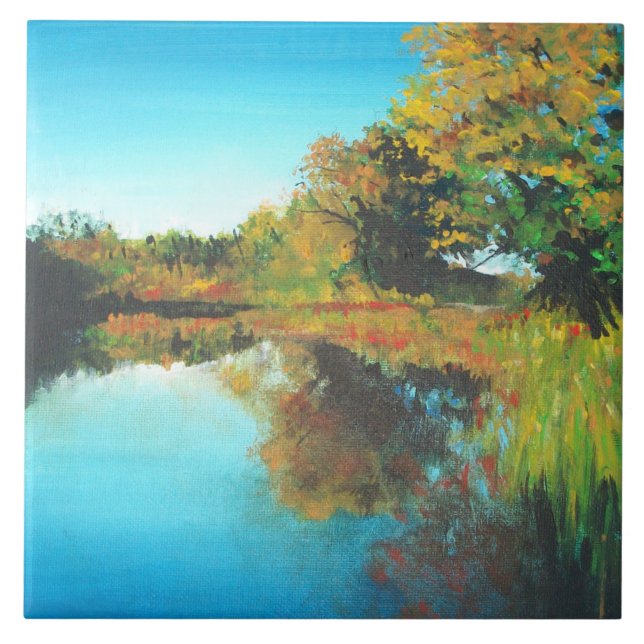 River Trees Fall Landscape Fine Art Ceramic Tile (Front)
