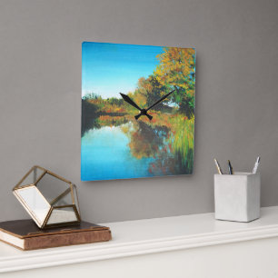River Trees Fall Landscape Fine Art  Square Wall Clock
