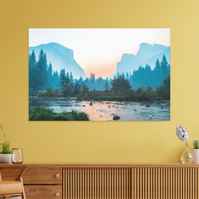    River Valley Glow – Forest & Mountain Calm Canvas Print (Insitu(LivingRoom))