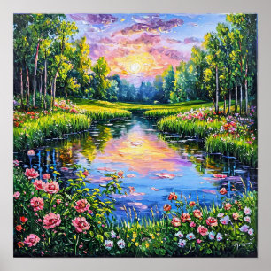 River with Blooming Flowers Landscape Art 🌅🌸🌿 Poster