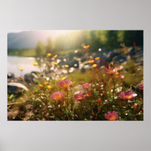 River with Pink and Yellow Flowers Poster