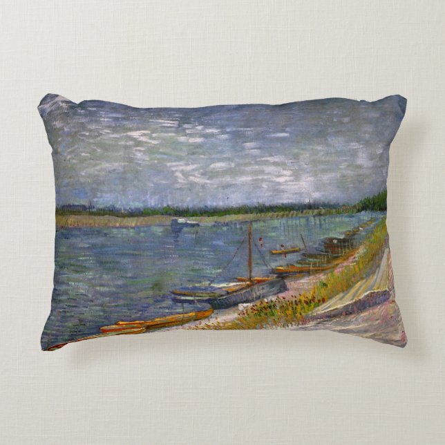 River with Rowing Boats by Vincent van Gogh Decorative Pillow (Front)