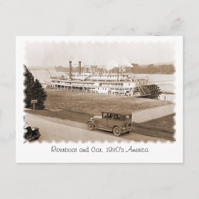 Riverboat and Car, 1930's America Postcard (Front)