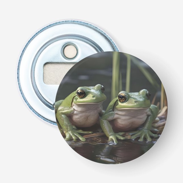 Riverbound Wonders: Two Plump Green Frogs By River Bottle Opener (Front)