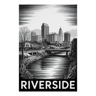 Riverside California Black White Woodcut Poster
