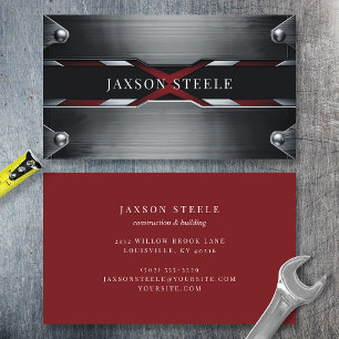 Riveted Brushed Metal and Red Business Card