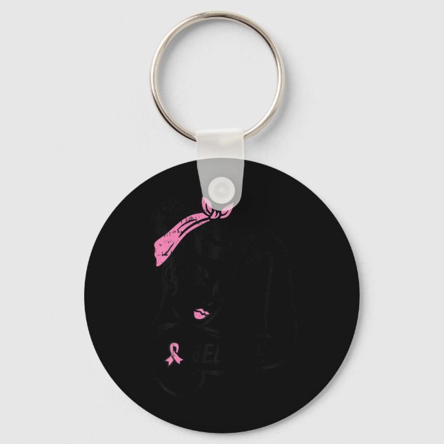 Riveter Believe Pink Ribbon Breast Cancer Awarenes Keychain (Front)