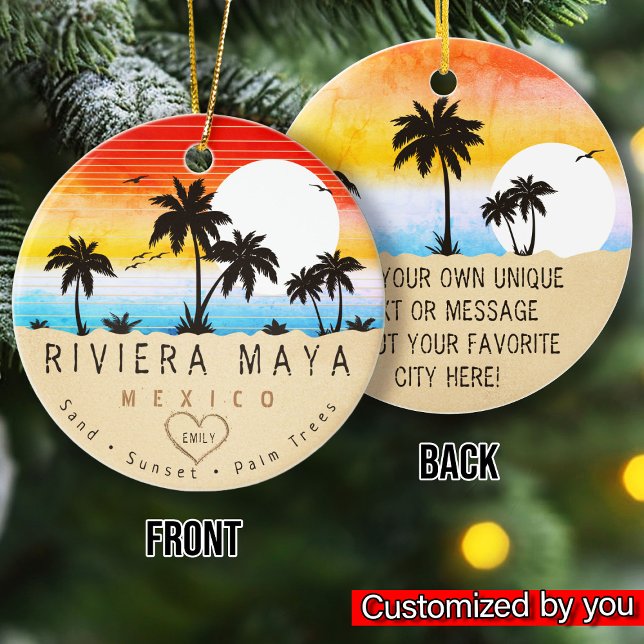 Riviera Maya Mexico Retro Sunset Palm tree 60s Ceramic Ornament (Creator Uploaded)