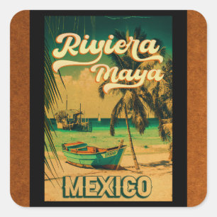 Riviera Maya Postcard Palm Tree Vintage Travel Square Sticker