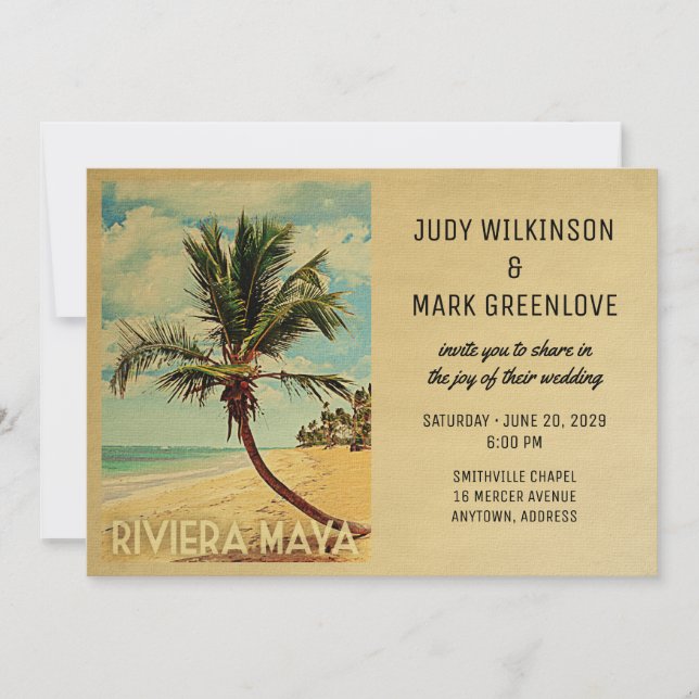Riviera Maya Wedding Invitation Beach Palm Tree (Front)