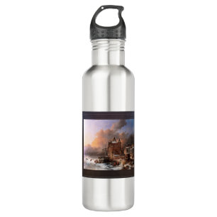 Rivière Gelée Avec Patineurs by Andreas Schelfhout 710 Ml Water Bottle