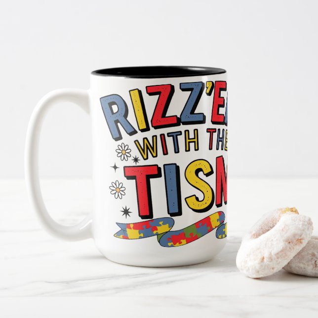 Rizz Em With The Tism Neurodiversity Two-Tone Coffee Mug (With Donut)
