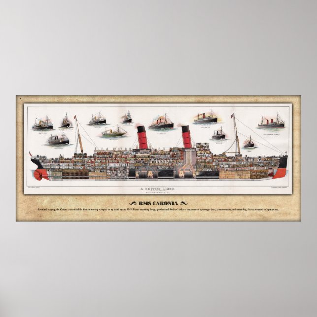 RMS CARONIA (1905) Cutaway/Inboard Profile Poster (Front)