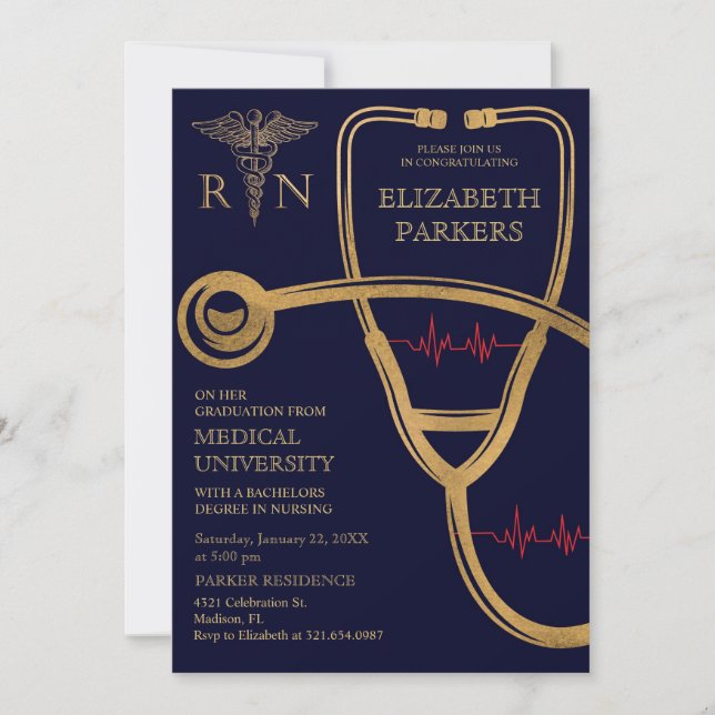 RN BSN Navy Gold Nursing Graduation Party Invitation (Front)