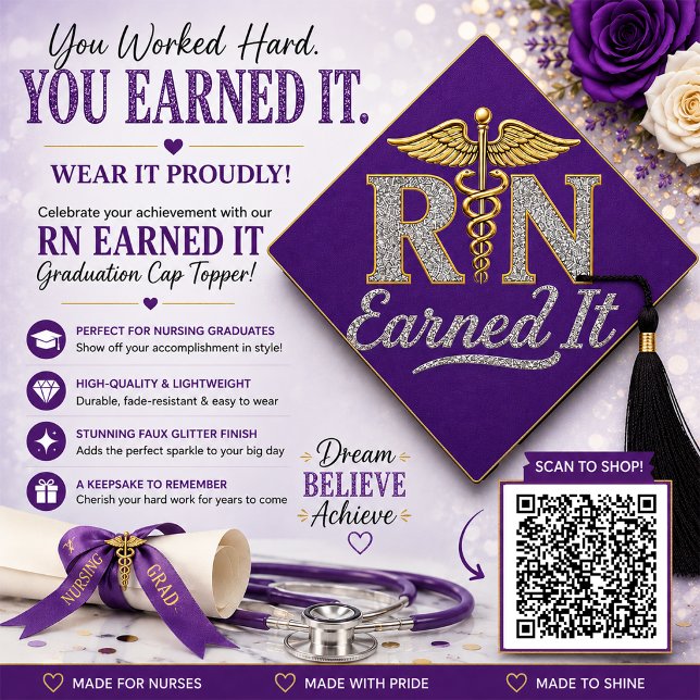 RN Earned It Faux Glitter Nursing  Graduation Cap Topper (Creator Uploaded)