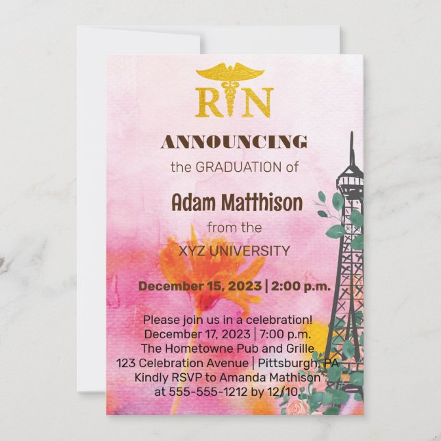 RN Floral Eiffel Tower  Invitation (Front)