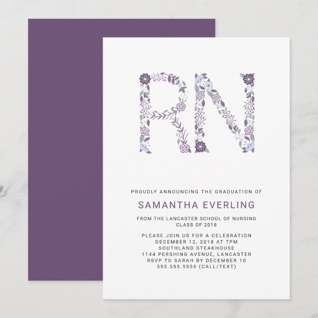 RN graduation celebration, floral nurse purple Invitation (Front/Back)