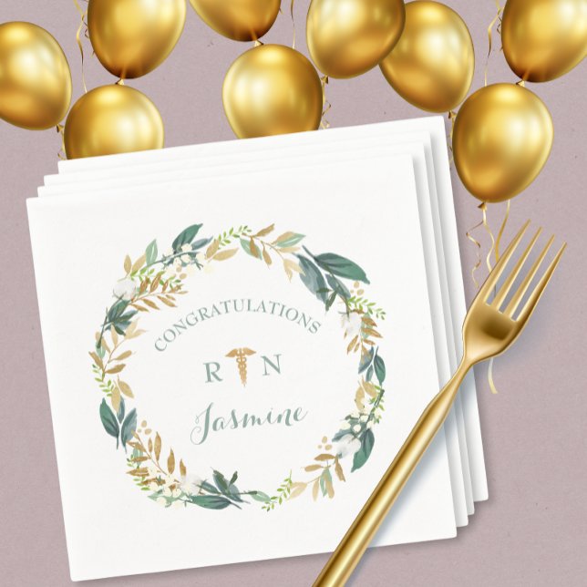 RN graduation greenery wreath + gold caduceus Napkin (Creator Uploaded)