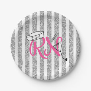 RN graduation party decor, pink silver glitter Paper Plate