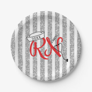 RN graduation party decor, red silver glitter Paper Plate
