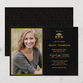   RN  Graduation Party Photo  Black Gold   Invitation