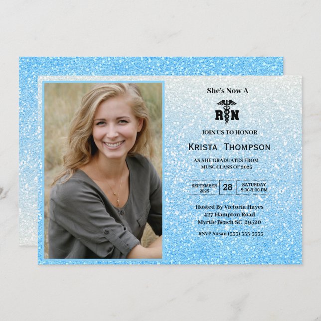    RN  Graduation Party Photo Blue Glitter    Invitation (Front/Back)