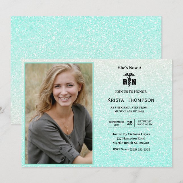    RN  Graduation Party Photo Mint Green Glitter  Invitation (Front/Back)