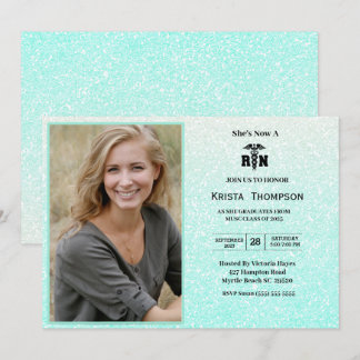   RN  Graduation Party Photo Mint Green Glitter  Invitation