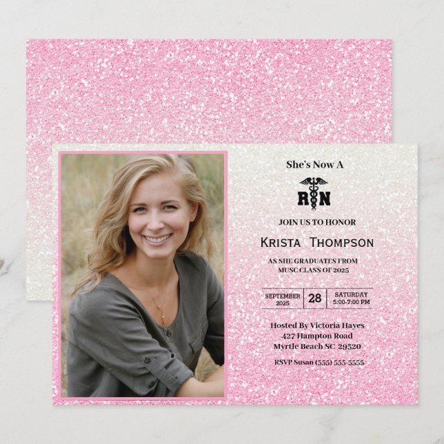    RN  Graduation Party Photo Pink Glitter     Invitation (Front/Back)
