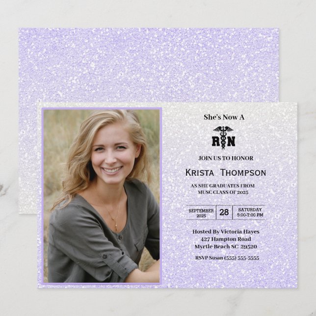    RN  Graduation Party Photo Purple Glitter  Invitation (Front/Back)