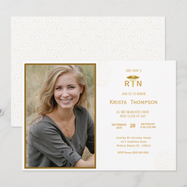    RN  Graduation Party Photo White Gold  Invitation (Front/Back)