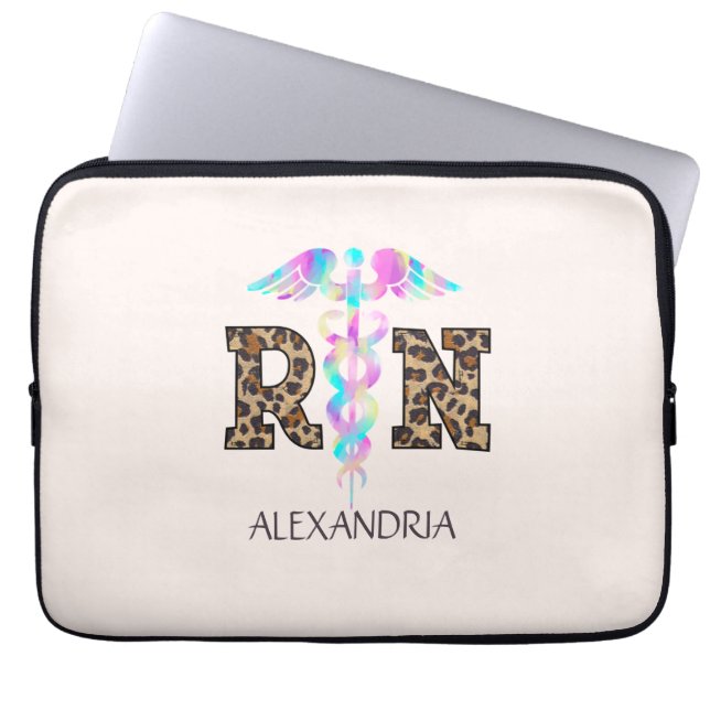"RN" in Leopard Print- Colorful Medical Logo Laptop Sleeve (Front)