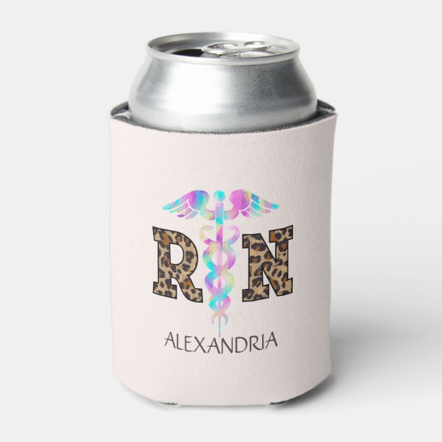 "RN" in Leopard Print- Colourful Medical Logo Can Cooler (Can Front)