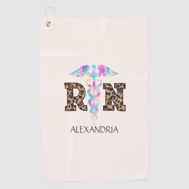 "RN" in Leopard Print- Colourful Medical Logo Golf Towel (Front)