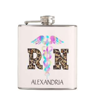 "RN" in Leopard Print- Colourful Medical Logo Hip Flask