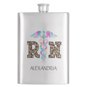 "RN" in Leopard Print- Colourful Medical Logo Hip Flask