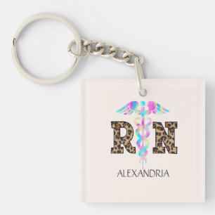 "RN" in Leopard Print- Colourful Medical Logo Keychain