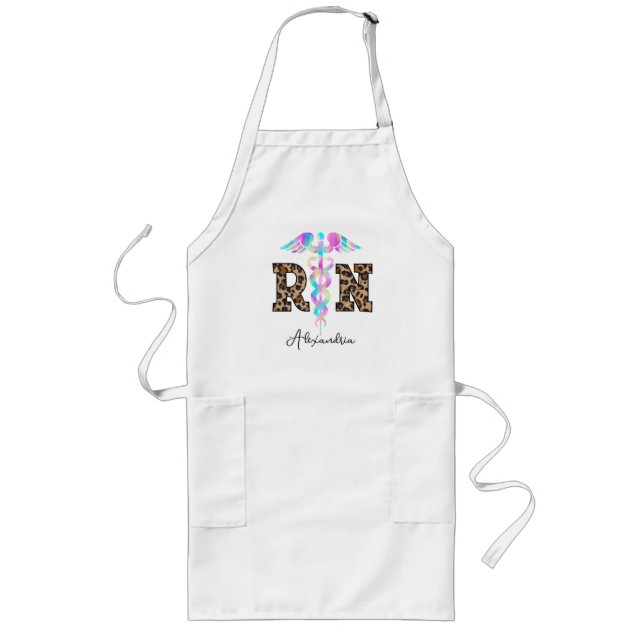 "RN" in Leopard Print- Colourful Medical Logo Long Apron (Front)