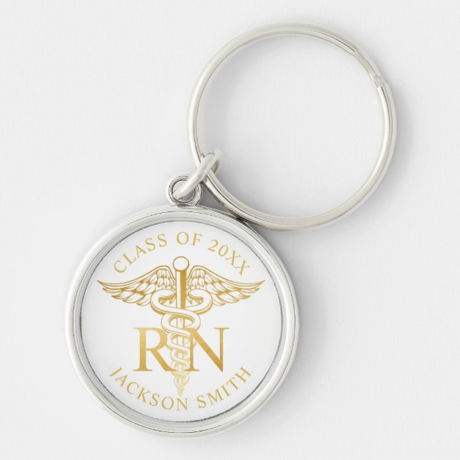 RN Nurse faux gold caduceus Custom Colour Keychain (Front)