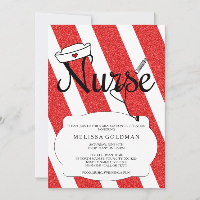 RN Nurse graduation invites fun red glitter design (Front)
