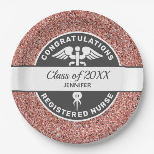 RN Nurse Graduation Rose Gold Glitter Personalized Paper Plate
