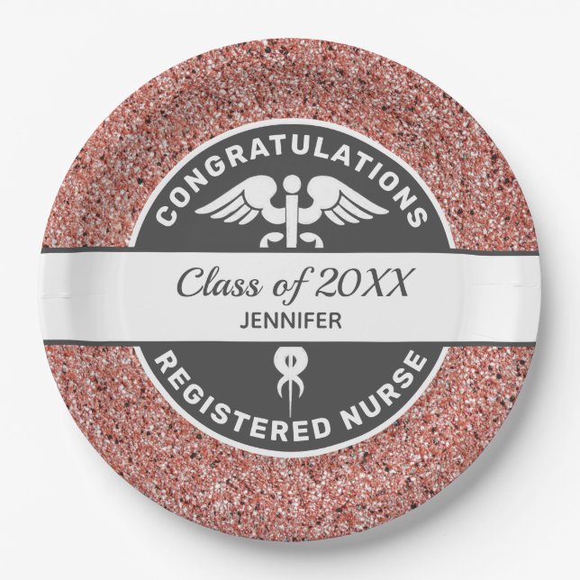RN Nurse Graduation Rose Gold Glitter Personalized Paper Plate (Front)