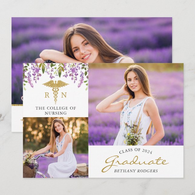 RN Nursing Floral Graduation 3 Faire-part photo (Devant / Derrière)