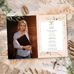 RN Nursing Graduation Blush Pink Foliage Photo Invitation